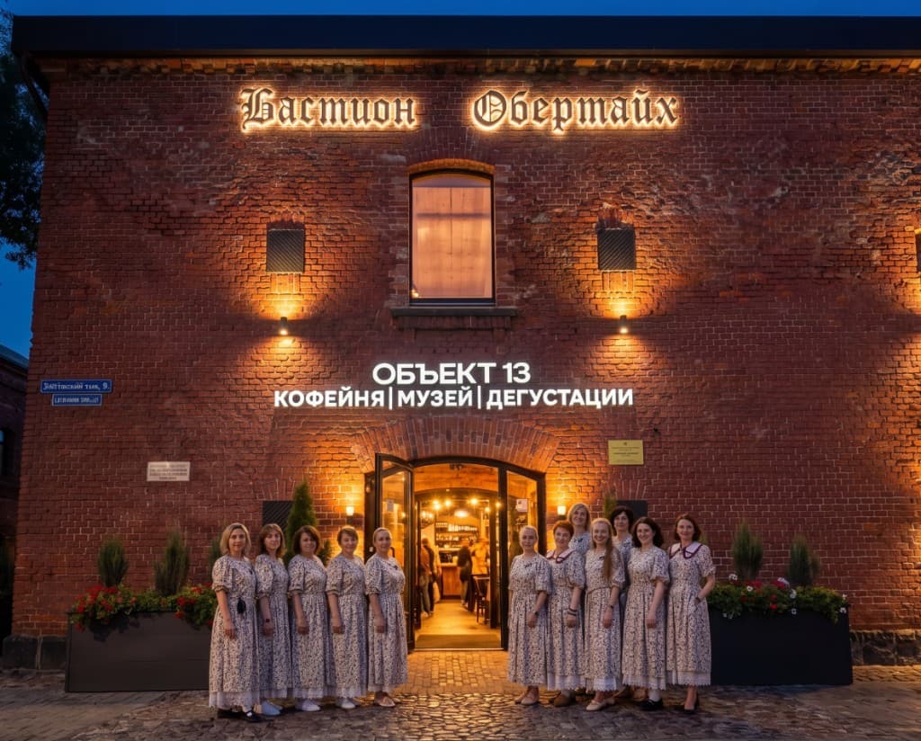 Команда «Бастион Обертайх» у подсвеченного входа «Объект 13» на фоне кирпичного фасада редюита ночью